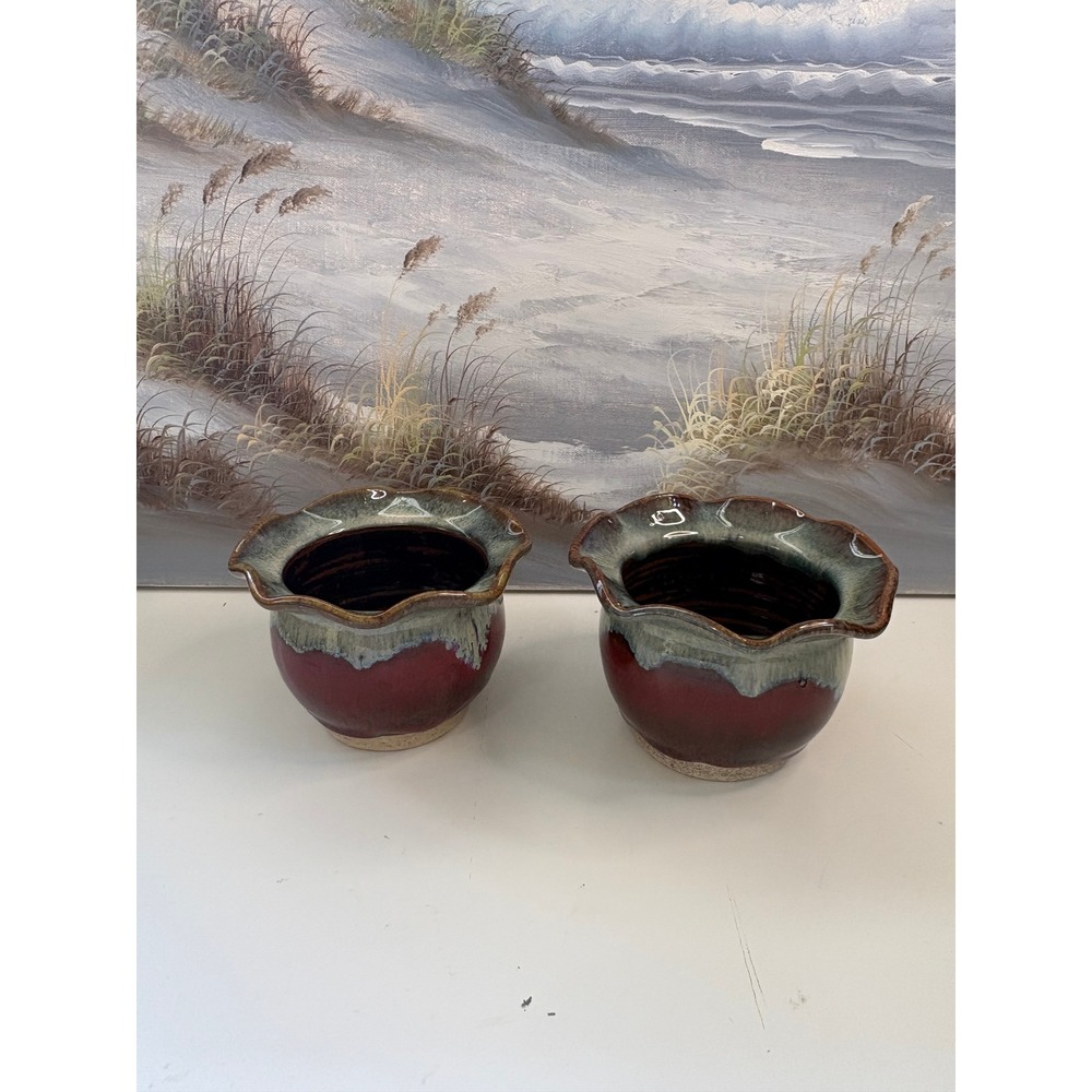 Vtg Signed Walt Glass Studio Pottery Planters Set Ruffled Rim Oxblood Drip Glaze